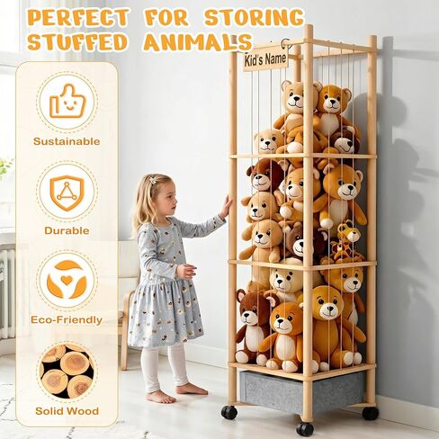 Stuffed Animal Storage with Toys Tray, 57In Large Wooden Stuffy Plushies Storage Holder Extra Large Capacity Stuffed Animals Zoo Organizer for Toddler Rooms, Playrooms & Bedrooms (Toys Tray & Wheels) in Kuwait