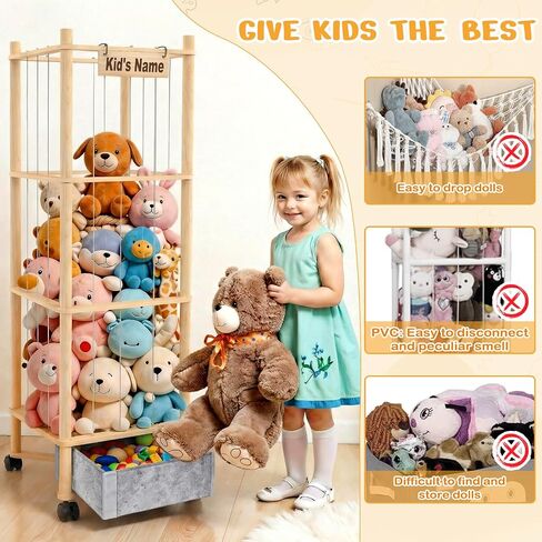 Stuffed Animal Storage with Toys Tray, 57In Large Wooden Stuffy Plushies Storage Holder Extra Large Capacity Stuffed Animals Zoo Organizer for Toddler Rooms, Playrooms & Bedrooms (Toys Tray & Wheels) in Kuwait