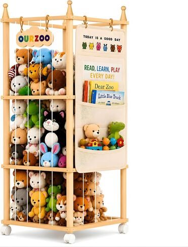 Stuffed Animal Storage Zoo with Wheels, Large Wooden Plush Toy Organizer Tower, Solid Pine Wood, Flexible Rope Shelves | No Tools Required, Bonus Storage Bag, Nursery Playroom (Large) in Kuwait