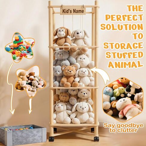 Stuffed Animal Storage with Toys Tray, 57In Large Wooden Stuffy Plushies Storage Holder Extra Large Capacity Stuffed Animals Zoo Organizer for Toddler Rooms, Playrooms & Bedrooms (Toys Tray & Wheels) in Kuwait