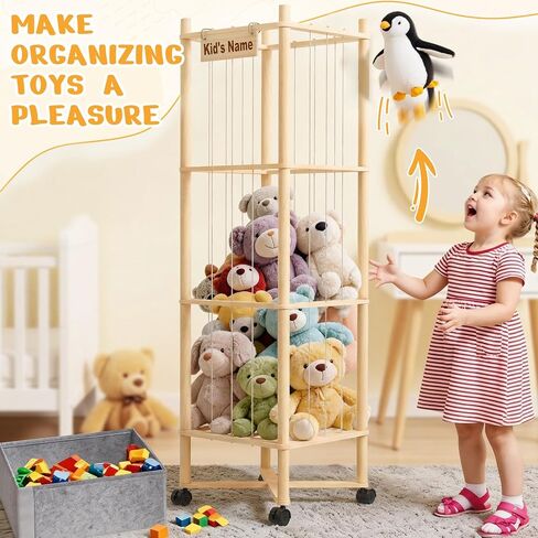 Stuffed Animal Storage with Toys Tray, 57In Large Wooden Stuffy Plushies Storage Holder Extra Large Capacity Stuffed Animals Zoo Organizer for Toddler Rooms, Playrooms & Bedrooms (Toys Tray & Wheels) in Kuwait