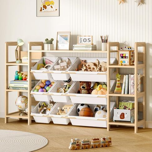 EXPERLAM Large Toy Storage Organizer, Top Rack, 6 Side Shelves, 9 Bins | Solid wood kid-height storage for toys, books and blocks, with easy access for kids bedrooms, nurseries and playrooms in Kuwait