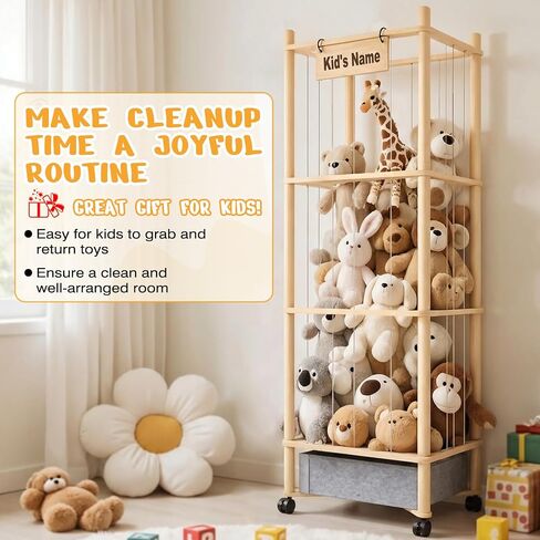Stuffed Animal Storage with Toys Tray, 57In Large Wooden Stuffy Plushies Storage Holder Extra Large Capacity Stuffed Animals Zoo Organizer for Toddler Rooms, Playrooms & Bedrooms (Toys Tray & Wheels) in Kuwait