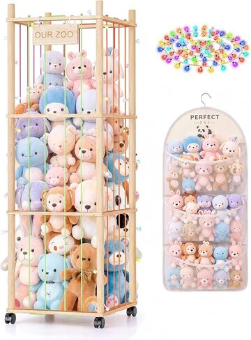 Wooden Stuffed Animal Storage Tower with Wheels, Plushies Toy Holder with Lights and Pockets for Playrooms & Bedrooms in Kuwait