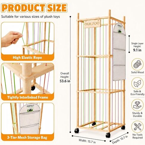 Wooden Stuffed Animal Storage Tower with Wheels, Plushies Toy Holder with Lights and Pockets for Playrooms & Bedrooms in Kuwait