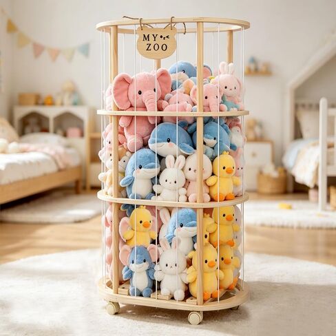 Stuffed Animal Storage, Wooden Zoo Stuffed Animal Holder with Wheels & Elastic Bands, Space Save Toy Storage Organizer with Extra-Thick Base for Kids' Room, Playroom, Nursery - 37" in Kuwait
