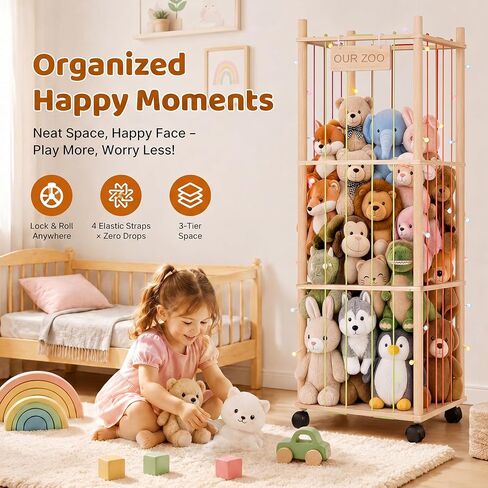 Wooden Stuffed Animal Storage Tower with Wheels, Plushies Toy Holder with Lights and Pockets for Playrooms & Bedrooms in Kuwait