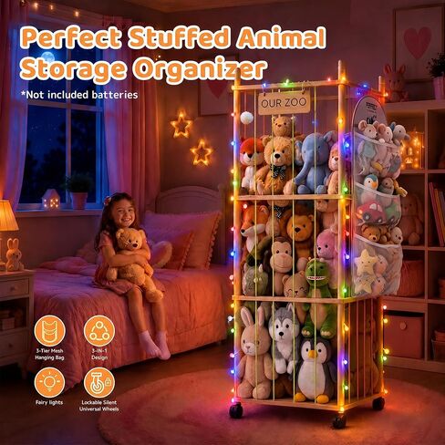 Wooden Stuffed Animal Storage Tower with Wheels, Plushies Toy Holder with Lights and Pockets for Playrooms & Bedrooms in Kuwait