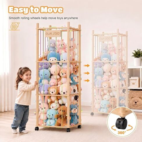 Wooden Stuffed Animal Storage Tower with Wheels, Plushies Toy Holder with Lights and Pockets for Playrooms & Bedrooms in Kuwait
