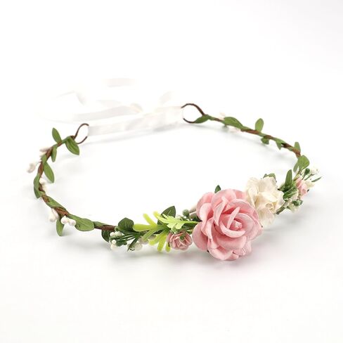 Flower Girl Flower Crown Pink Baby Girls Floral Headpieces Kids Headband Children Hair Wreath Photo Prop (Blush pink-Child Size) in Kuwait