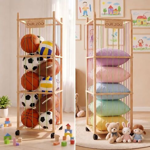 Wooden Stuffed Animal Storage Tower with Wheels, Plushies Toy Holder with Lights and Pockets for Playrooms & Bedrooms in Kuwait