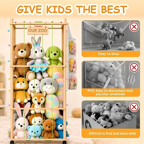 Wooden Stuffed Animal Storage Tower with Wheels, Plushies Toy Holder with Lights and Pockets for Playrooms & Bedrooms in Kuwait