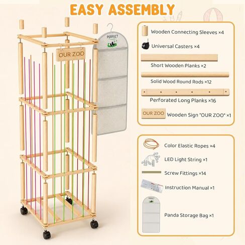 Wooden Stuffed Animal Storage Tower with Wheels, Plushies Toy Holder with Lights and Pockets for Playrooms & Bedrooms in Kuwait