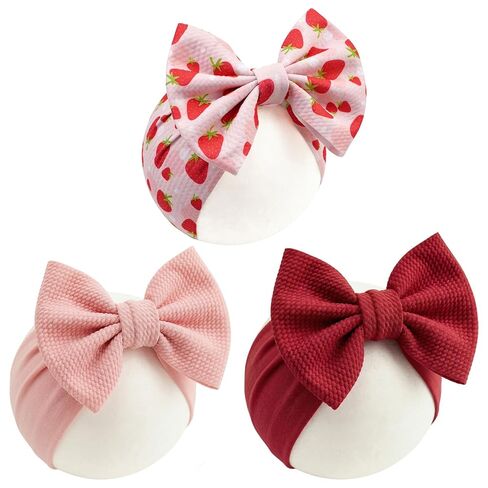 Qchengsan 3 Pack Baby Girl Headbands with Bows, Soft Stretchy Nylon Hair Accessories for Newborn Infant Toddler, Cute Strawberry Shortcake Baby Stuff, Red Pink Ribbon for Photos, Shower Gifts in Kuwait