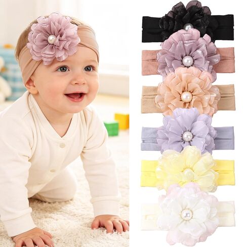 XIMA Baby Girl Headbands with Large Chiffon Flower and Pearl, Soft Elastic Hair Accessories for Newborn Infant Toddler, 6 Pack in Kuwait