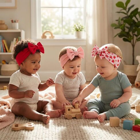 Qchengsan 3 Pack Baby Girl Headbands with Bows, Soft Stretchy Nylon Hair Accessories for Newborn Infant Toddler, Cute Strawberry Shortcake Baby Stuff, Red Pink Ribbon for Photos, Shower Gifts in Kuwait