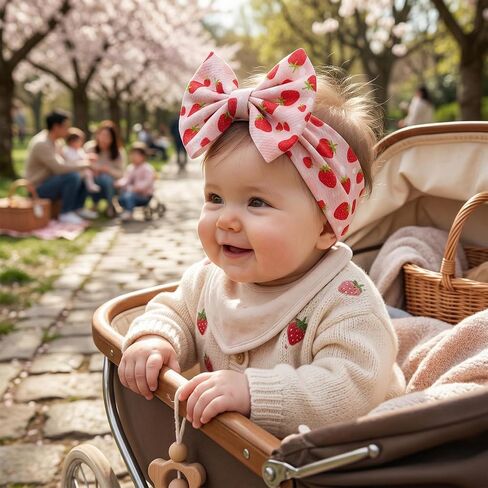 Qchengsan 3 Pack Baby Girl Headbands with Bows, Soft Stretchy Nylon Hair Accessories for Newborn Infant Toddler, Cute Strawberry Shortcake Baby Stuff, Red Pink Ribbon for Photos, Shower Gifts in Kuwait