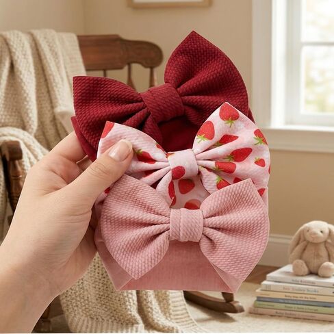 Qchengsan 3 Pack Baby Girl Headbands with Bows, Soft Stretchy Nylon Hair Accessories for Newborn Infant Toddler, Cute Strawberry Shortcake Baby Stuff, Red Pink Ribbon for Photos, Shower Gifts in Kuwait