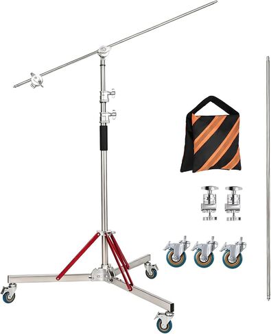 Heavy Duty Stand with Boom Arm & Casters, 10.17ft/310cm Stainless Steel Photography Light Stand Kit with Extension Arm, 2 Grip Heads, Sandbag for Studio Lighting, Monolight, Softbox in Kuwait