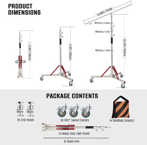 Heavy Duty Stand with Boom Arm & Casters, 10.17ft/310cm Stainless Steel Photography Light Stand Kit with Extension Arm, 2 Grip Heads, Sandbag for Studio Lighting, Monolight, Softbox in Kuwait