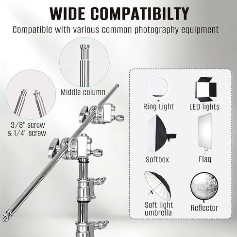 Heavy Duty Stand with Boom Arm & Casters, 10.17ft/310cm Stainless Steel Photography Light Stand Kit with Extension Arm, 2 Grip Heads, Sandbag for Studio Lighting, Monolight, Softbox in Kuwait