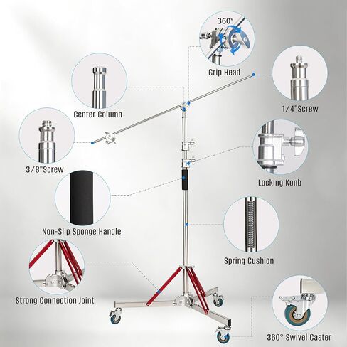 Heavy Duty Stand with Boom Arm & Casters, 10.17ft/310cm Stainless Steel Photography Light Stand Kit with Extension Arm, 2 Grip Heads, Sandbag for Studio Lighting, Monolight, Softbox in Kuwait