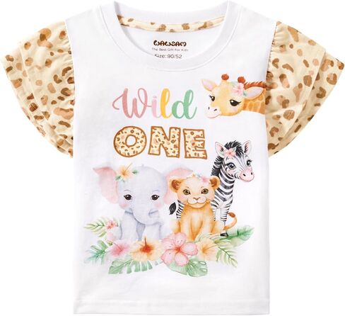 WAWSAM Wild One Birthday Girl Shirt, 1st Birthday Outfit for Girls | Safari Jungle Animals Birthday T-Shirt with Leopard Flutter Sleeves, Soft Cotton Tee for First Birthday Cake Smash in Kuwait
