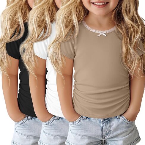 Halfchet 3 Pack Toddler Girls Short Sleeve Shirts Ruched Side Kids Crewneck T Shirts Baby Girls Cute Summer Tee Tops 18M-5T in Kuwait