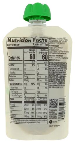 365 by Whole Foods Market Organic Apple Spinach Kale Baby Food Sgl, 4 OZ in Kuwait