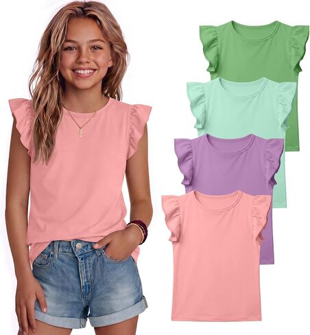 4 Pack Girls Ruffle Sleeve Shirts Kids Crewneck Casual Cute T-Shirts Summer Flutter Short Sleeve Tops Basic Tees in Kuwait