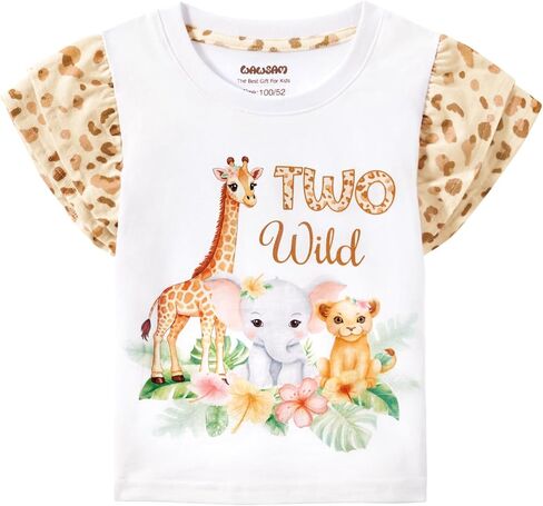 WAWSAM Two Wild Birthday Girl Shirt, 2nd Birthday Outfit for Girls | Safari Jungle Animals Birthday T-Shirt with Leopard Flutter Sleeves, Soft Cotton Tee for 2 Year Old Girls in Kuwait