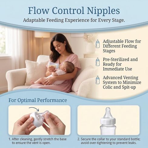6PCS Slow Flow Nipples, 6ml/min, Reusable, Anti-Colic&Vented Nipples | For 0-3m baby, Compatible with Similac/Enfamil Ready to Feed & Standard Bottles, including Storage Box & 2 Nipple Brushes in Kuwait