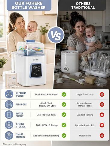 Baby Bottle Washer Pro, All-in-One Bottle Washer and Sterilizer and Dryer, Breast Pump Washer for Breast Pump Parts, Nipples, Newborn Essentials | 168H Fresh Air Storage, 29 Spray Jets, 19 min Rapid Wash, Dual Water Supply, No More Hand Washing in Kuwait