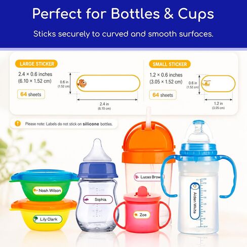 Baby Bottle & Daycare Name Labels, Self-Laminating Waterproof Stickers for Kids Stuff, Dishwasher Safe Write-On Name Tags for School & Home, Assorted Sizes & Colors, Pack of 64 in Kuwait