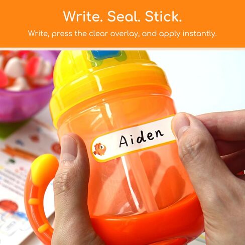 Baby Bottle & Daycare Name Labels, Self-Laminating Waterproof Stickers for Kids Stuff, Dishwasher Safe Write-On Name Tags for School & Home, Assorted Sizes & Colors, Pack of 64 in Kuwait