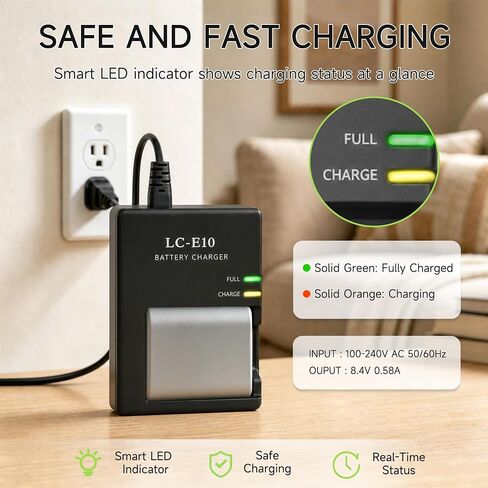 LC-E10/C/E LP-E10 Charger Replacement for Canon Rebel T7 T6 T5 T100 T3 | Camera Battery Charger for EOS 4000D 3000D 2000D 1500D 1300D 1200D 1100D Kiss X90/X80/X70/X50 series in Kuwait