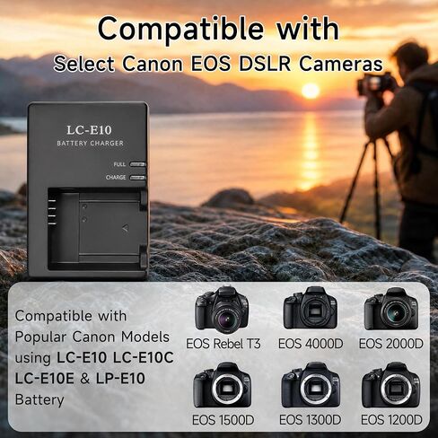LC-E10/C/E LP-E10 Charger Replacement for Canon Rebel T7 T6 T5 T100 T3 | Camera Battery Charger for EOS 4000D 3000D 2000D 1500D 1300D 1200D 1100D Kiss X90/X80/X70/X50 series in Kuwait