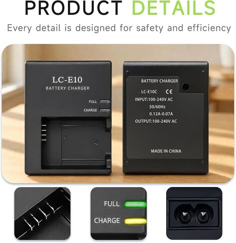 LC-E10/C/E LP-E10 Charger Replacement for Canon Rebel T7 T6 T5 T100 T3 | Camera Battery Charger for EOS 4000D 3000D 2000D 1500D 1300D 1200D 1100D Kiss X90/X80/X70/X50 series in Kuwait
