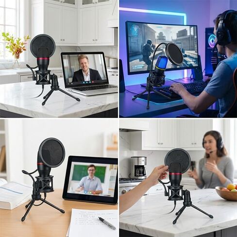 USB Microphone with USB and 3.5mm Interface, Plug and Play Mic with RGB Light and Tripod for Streaming, Gaming, Recording, and Podcast on Desktop Laptop in Kuwait