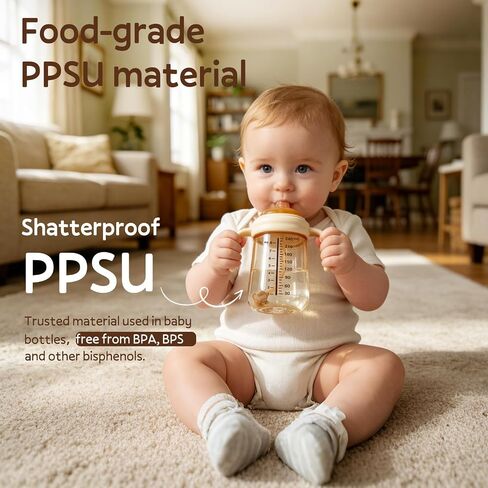 PPSU Sippy Cup with Weighted Straw, Baby Training Cup Handles, 8oz, 6M+ | Soft Silicone Spout, Spill-Resistant, Any-Angle Sip, Dishwasher Safe, Heat-Resistant, Thick Straw, Lightweight Grip in Kuwait