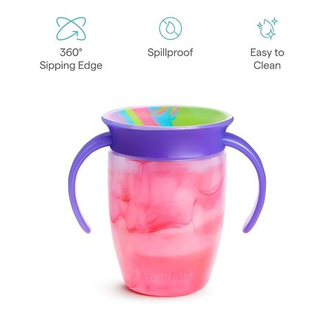 Munchkin Miracle 360 Sippy Cup for 6 Month Old, Spill Proof Baby and Toddler Cups with Transition Handles, 7 Ounce, Tie Dye, Pink in Kuwait