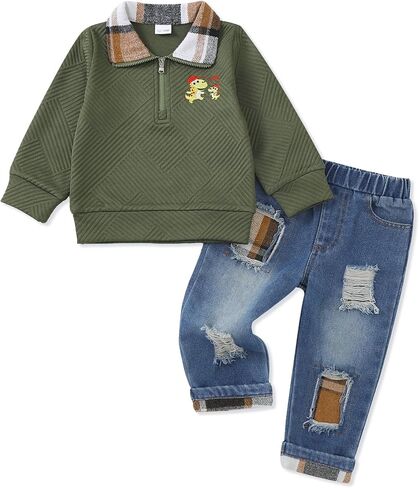 NZRVAWS Toddler Boy Clothes Baby Little Boy Fall Winter Plaid Printed Sweatshirt Denim Ripped Jeans Clothing 6 Months-4T in Kuwait