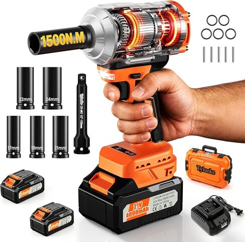 1/2" Cordless Impact Wrench,21V Heavy Duty Electric Impact Gun 1500N.m High Torque Brushless,3-Speed Reverse Brake,2-Pack 4.0Ah Batteries & Charger,for Car Truck Tire Repair Construction-Grey in Kuwait