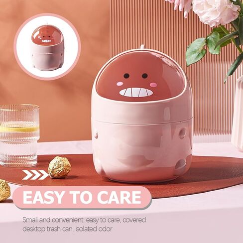 Tofficu Small Pink Flip Lid Mini Trash Bin Cartoon Dinosaur Tabletop Garbage Can for Office Desktop Household Waste Container in Kuwait