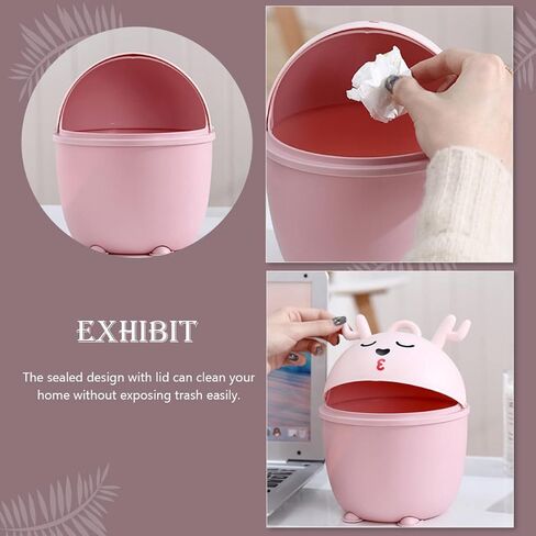 BESTYASH Cute Pink Cartoon Tabletop Waste Bin with Lid, Small Multi-Function Plastic Trash Can for Desk, Bedroom, Dormitory Storage in Kuwait