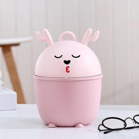 BESTYASH Cute Pink Cartoon Tabletop Waste Bin with Lid, Small Multi-Function Plastic Trash Can for Desk, Bedroom, Dormitory Storage in Kuwait