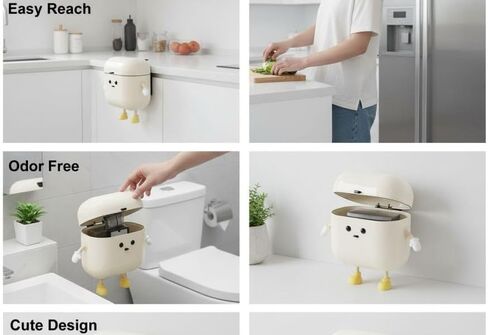 Cream Pp Wall Mounted Trash Can, Cartoon Waste Basket With Lid, 10.2 X 10 X 6.3 In, Narrow Design in Kuwait