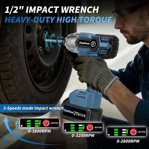 1/2 Inch Cordless Impact Wrench,900Ft-lbs (1200N.m) Brushless Electric Impact Gun,3800RPM High Torque Electric Impact Driver Kit with 2 Batteries,Fast Charger,5 Sockets,Case for Car Tires,Mower,Pickup in Kuwait