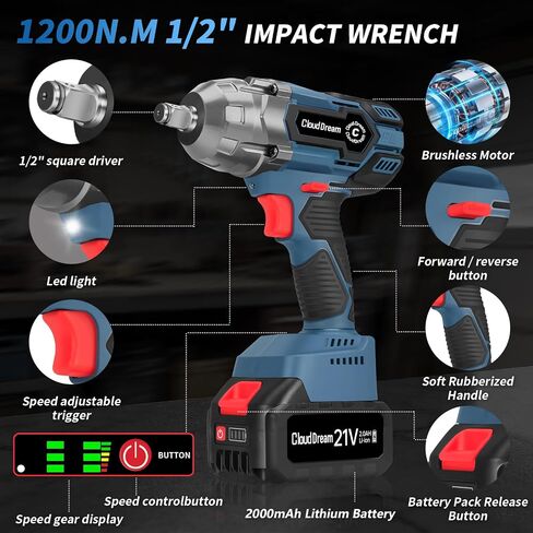 1/2 Inch Cordless Impact Wrench,900Ft-lbs (1200N.m) Brushless Electric Impact Gun,3800RPM High Torque Electric Impact Driver Kit with 2 Batteries,Fast Charger,5 Sockets,Case for Car Tires,Mower,Pickup in Kuwait