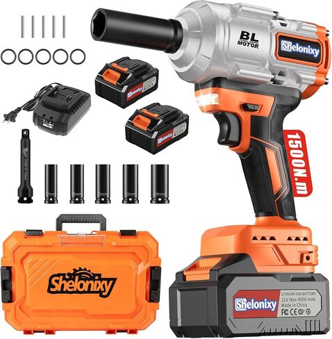 Cordless Impact Wrench 1/2 inch, impact wrench 1500N.m(1106ft-lbs), 1/2 electric impact wrench, impact gun, 2x21V 4.0Ah Batteries, 5 Sockets for Truck/SUV Repair & Garage DIY in Kuwait